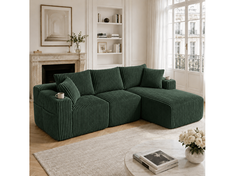 Canapé modulaire 3 places avec méridienne en velours côtelé vert émeraude - Conforama B
