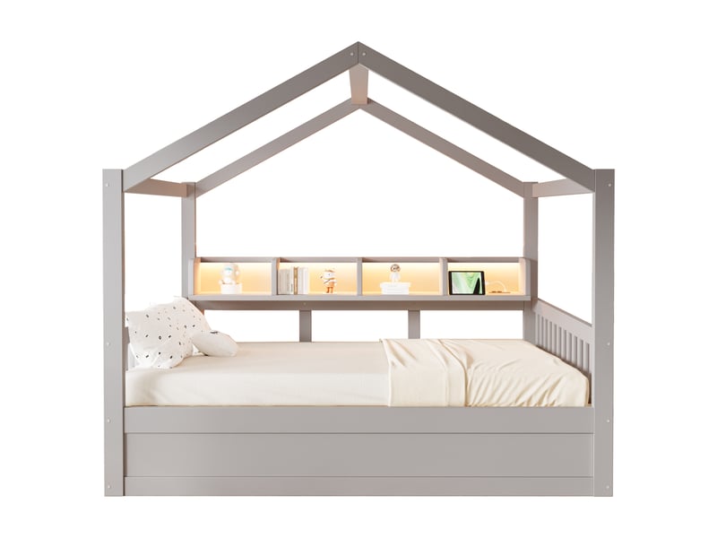  Lit cabane 140 x 200 cm, coffre hydraulique, barrières, étagères, led, 2 prises et 2 ports usb, sommier inclus, structure en pin et mdf, gris Luxe haut de gamme - Conforama A