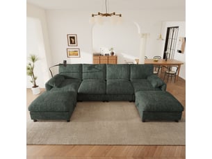 Canapé d’angle modulable 6 places en u ou l avec 2 poufs coffres, usb type-c, support téléphone, chenille - vert
