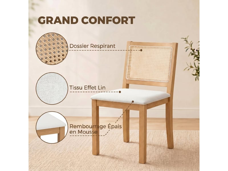  Lot de 2 chaises de salle à manger melinville bois rotin blanc cassé  - Conforama E