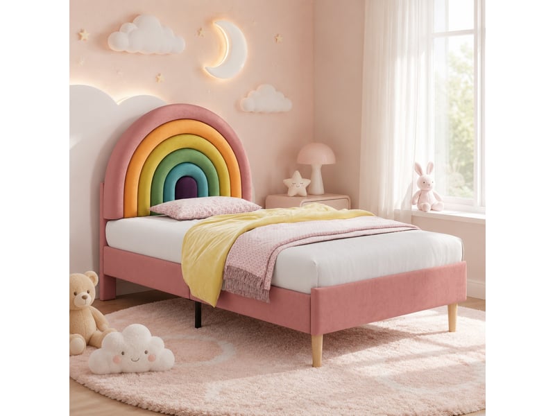  Lit simple enfant 90x200 cm, pieds 16cm, tête réglable 6 cm, sommier à lattes solide, velours, rose, sans matelas  - Conforama B