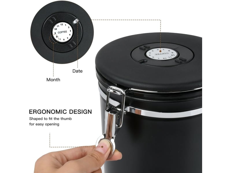  (noir) 2.8l boîte à café hermétique en acier inoxydable,récipient avec cadran de date et cuillère doseuse pour café, boite a cafe, pour café en grains OGS005635LL - Conforama D