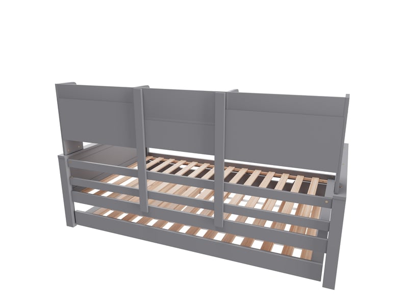 Lit gigogne enfant 90x200 cm + 90x190 cm avec compartiment de rangement et sommiers, pin, gris, sans matelas - Conforama E