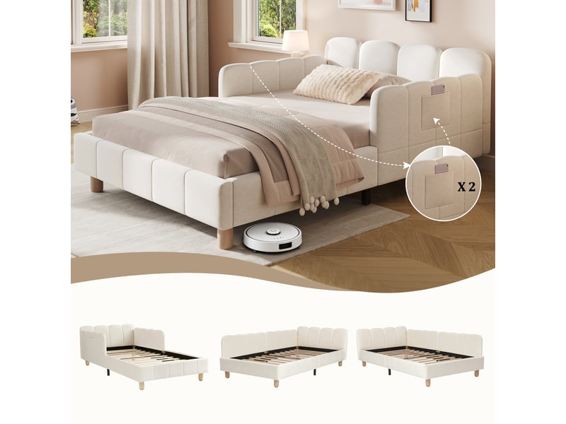  Lit enfant rembourré 90 x 200 cm avec tête de lit capitonnée et garde-corps, pieds en bois massif, velours beige  - Conforama E