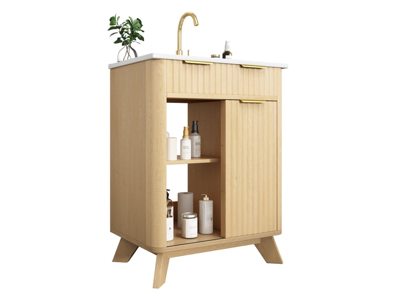  Meuble de salle de bain - 61x47x90cm - meuble sous-vasque avec vasque céramique, porte coulissante &amp; 3 tiroirs - bois naturel  - Conforama A