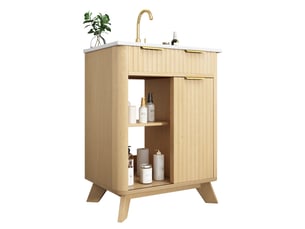 Meuble de salle de bain - 61x47x90cm - meuble sous-vasque avec vasque céramique, porte coulissante & 3 tiroirs - bois naturel
