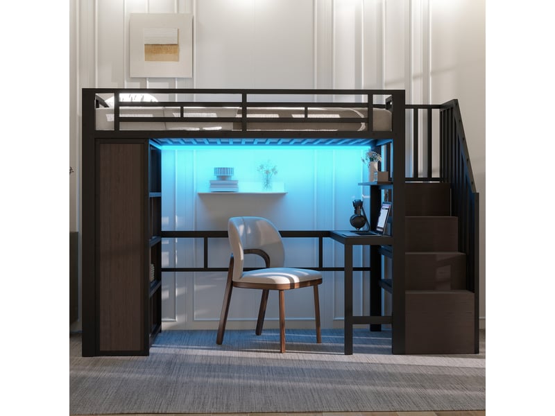  Lit mezzanine en fer noir 90x200 cm – bureau intégré, étagère, barre led, escalier de rangement  - Conforama D