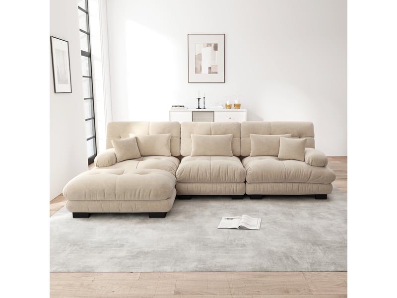 Canapé nuage d'angle modulable 3 places 313x145x81 cm avec pouf mobile, assise profonde, accoudoirs arrondis, chenille light coffee Radiant Stride - Conforama D