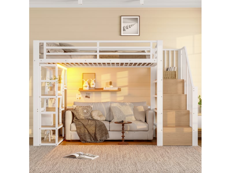 Lit mezzanine 90x200 cm avec rangement et led multicolore en métal et mdf blanc - Conforama B
