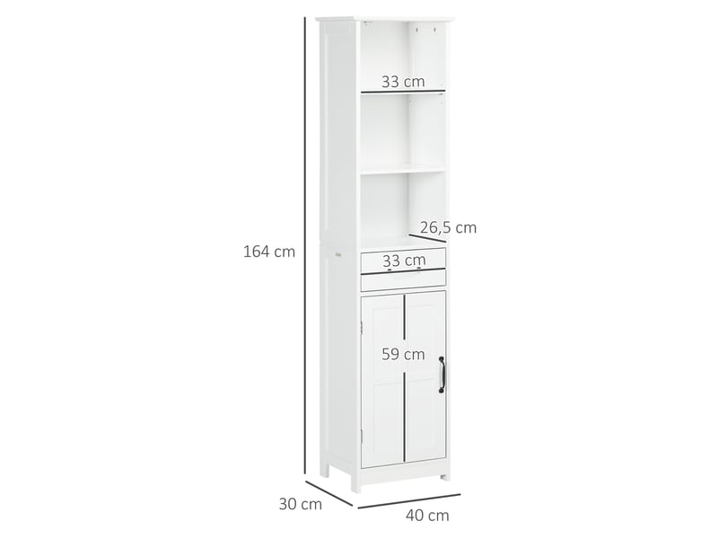  Meuble de salle de bain à trois compartiments ouverts, tiroir et étagère réglable, 40 x 30 x 164 cm, blanc  - Conforama E