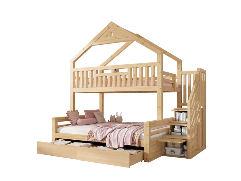  Lit superposé enfant 90x200 et 140x200 cm coloris chêne avec 2 tiroirs  - Conforama A
