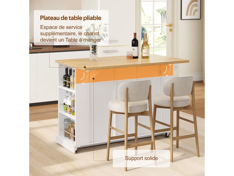  Desserte de cuisine avec plan rabattable et roulettes freinées - lpospi - 3 tiroirs, mdf blanc, 120 × 70 × 90 cm  - Conforama E