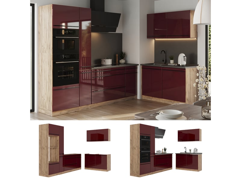  Vicco cuisine en angle, rouge brillantchêne doré, 230 x 120 cm plan de travail marbre  - Conforama D