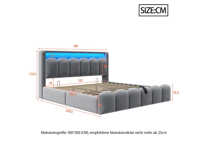  Lit 2 places 180x200 cm – gris – coffre hydraulique, led, usb et type-c, sans matelas  - Conforama C