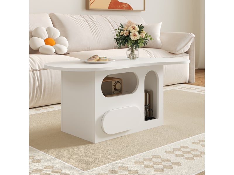  Table basse nuage 97x45x43,5 cm, 1 tiroir et niches ouvertes, bords arrondis, panneau de particules, blanc  - Conforama R