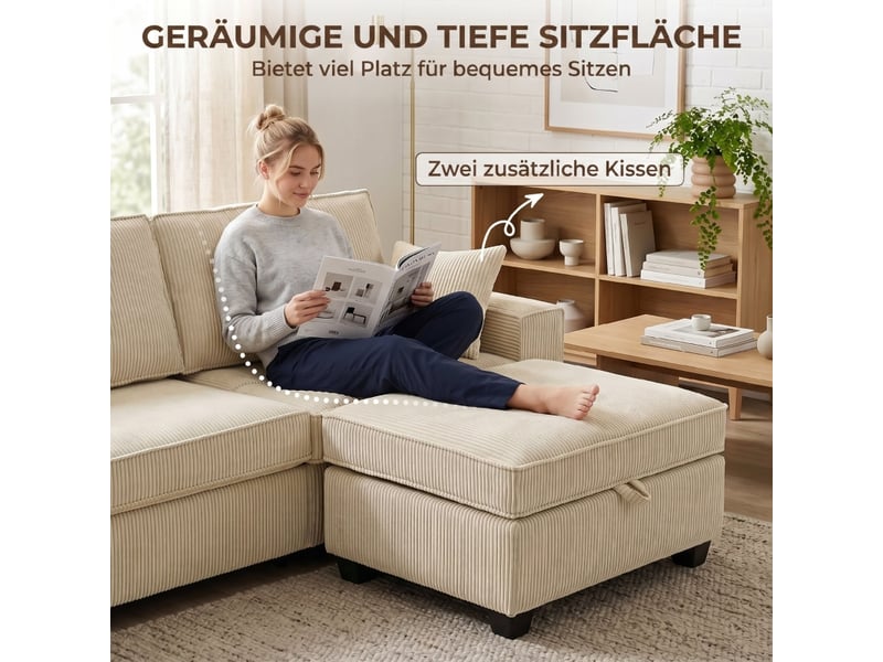  Canapé d'angle, canapé 3 places, en velours tricoté, beige, avec pouf, mobilier pour espace de vie, pour salon et séjour  - Conforama W