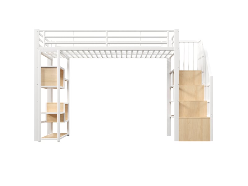  Lit mezzanine, 90 x 200 cm, structure en fer, compartiment de rangement, marches intégrées, barrière de sécurité, échelle, éclairage led, espace de rangement ouvert sous le lit, matelas non inclus, blanc  - Conforama D