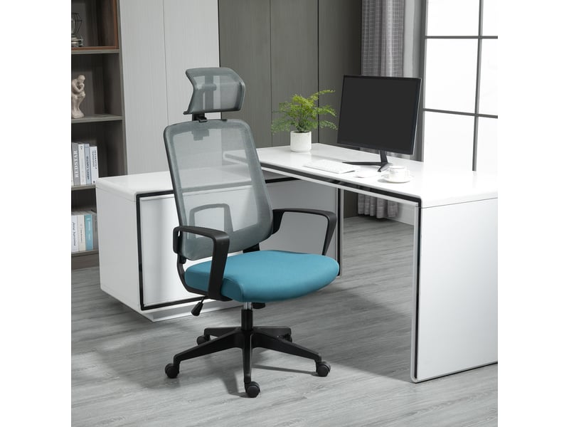 Chaise bureau ergonomique pivotante, hauteur réglable, lombaire, accoudoirs, appui-tête, maille, 63,5x63x116,5-125,5 cm, bleugris.  - Conforama C