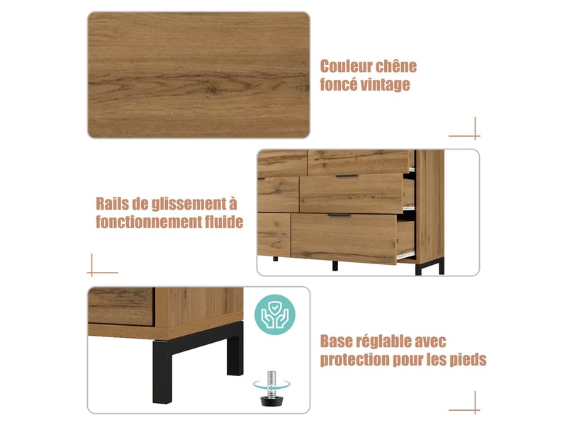 Commode à 6 tiroirs, 120 x 40 x 76 cm, finition effet bois, avec pieds réglables, poignées noires, coloris chêne foncé  - Conforama E