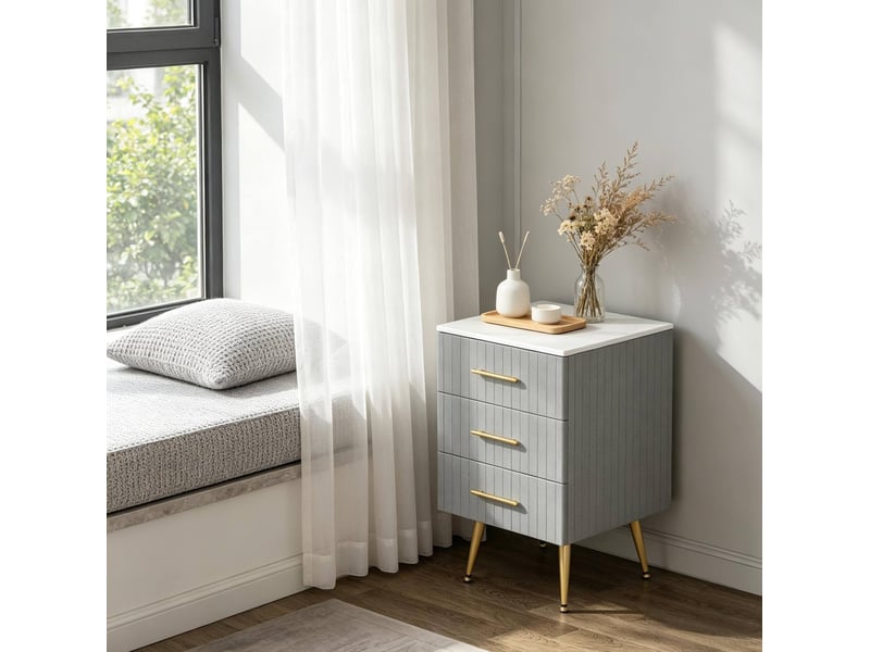 Table de chevet à 3 tiroirs en velours gris avec plateau effet marbre - Conforama D