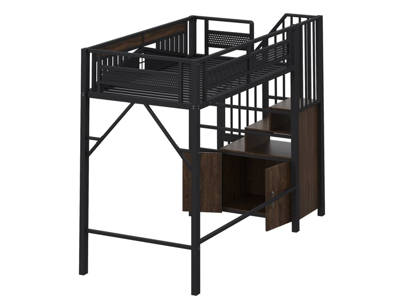  Lit mezzanine métal 90x200 cm marches-coffres armoire, barrière sécurité fenêtre patchwork, mdf, noir sans matelas  - Conforama E