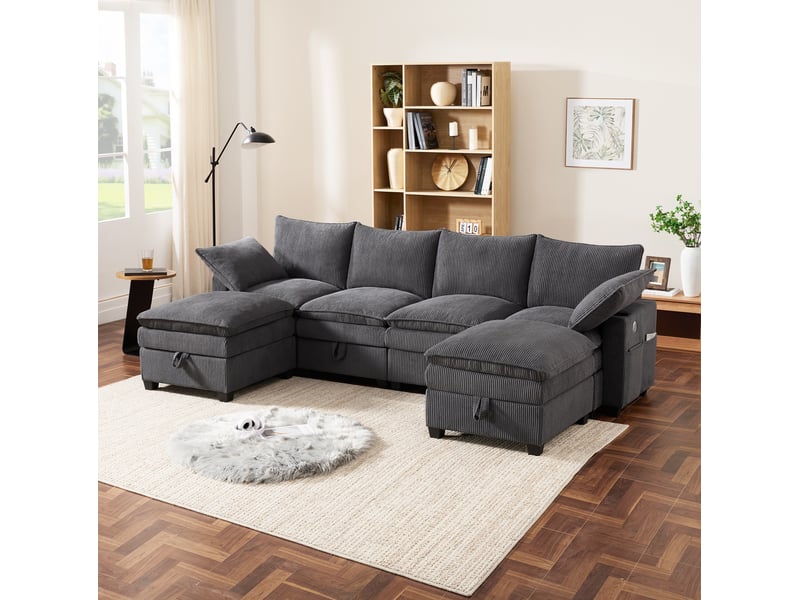  Canapé modulaire 6 places 280x152 cm – gris – rangements, ports usb, porte-gobelets et poufs amovibles  - Conforama B