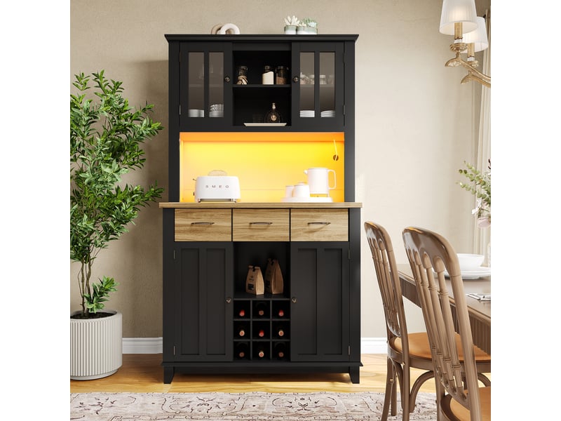 Buffet haut 106x40x179.5cm, armoire cuisine avec led avec étagères réglables, grande capacité de rangement, style moderne - bois et noir evarich - Conforama D