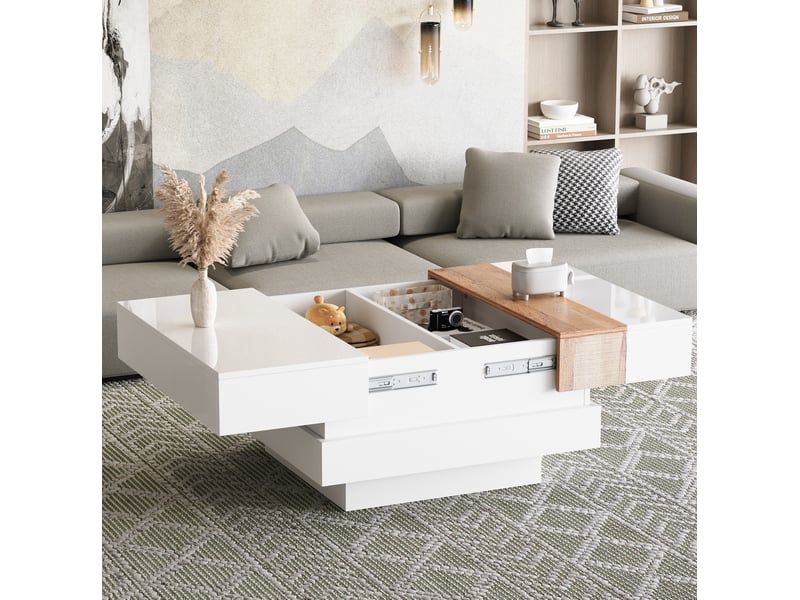  Table basse avec plateau extensible et 2 compartiments cachés, finition brillante, en panneaux de particules, blanc  - Conforama B