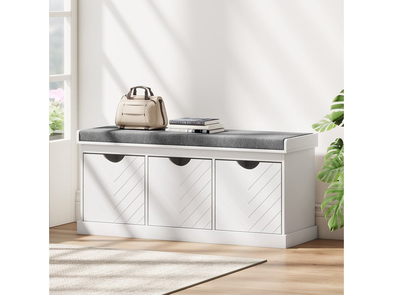  Banc chaussures entrée, banc de rangement avec 3 tiroirs amovibles et coussin rembourré en tissu aspect lin, blanc  - Conforama D