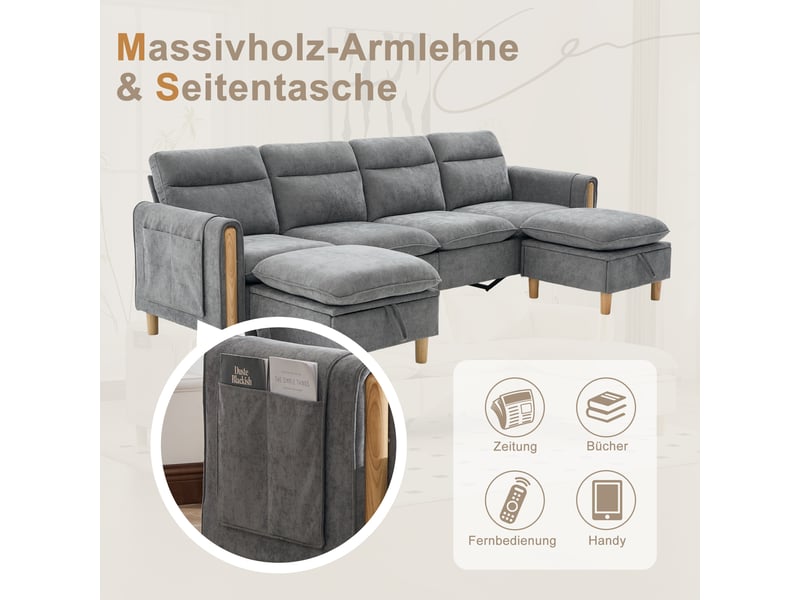  Canapé modulable en u avec poufs de rangement - 4 places - 2 poufs avec rangement - disposition modulable en u ou en l Gris clair - Conforama E