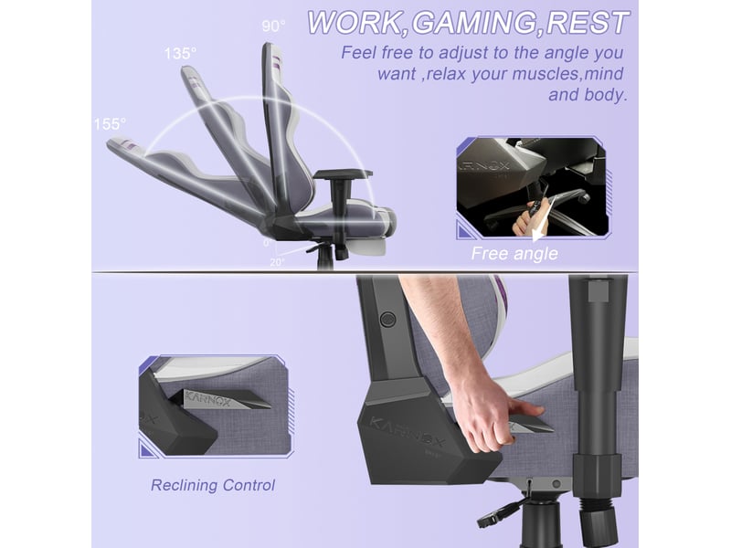  Chaise gaming ergonomique bicolore blanche et violette en tissu, dossier haut, accoudoirs réglables, pour bureau  - Conforama E