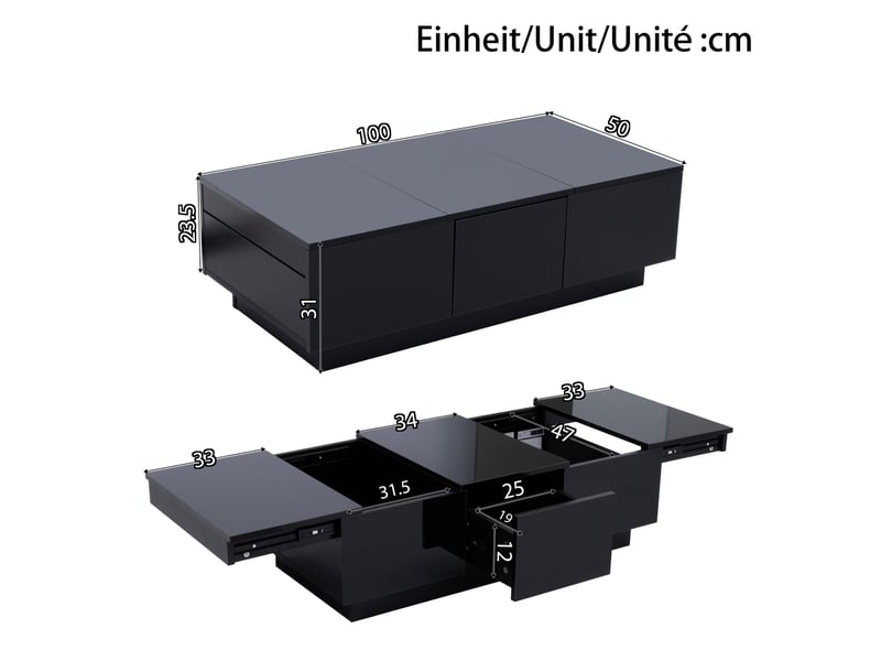  Table basse 100x50x31 cm, moderne, tiroirs coulissants, rangement astucieux, pour salon, panneau de particules, noir  - Conforama C