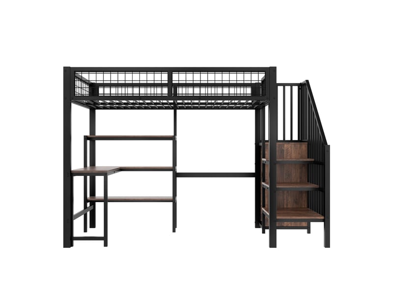 Lit mezzanine 90 x 200 cm avec bureau, armoire, étagères et échelle avec rangement, métal et mdf, noir et marron Fay Lum - Conforama R