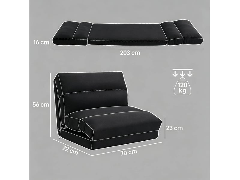  Fauteuil de sol réglable 70 x 72 x 56 cm convertible en lit d'appoint noir  - Conforama C