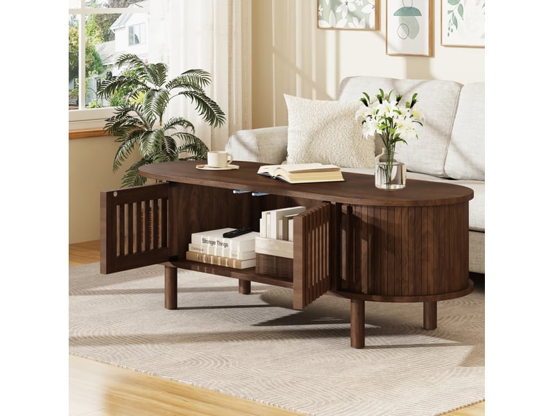  Table basse ovale 100x40x38 cm effet noyer avec rangement  - Conforama D