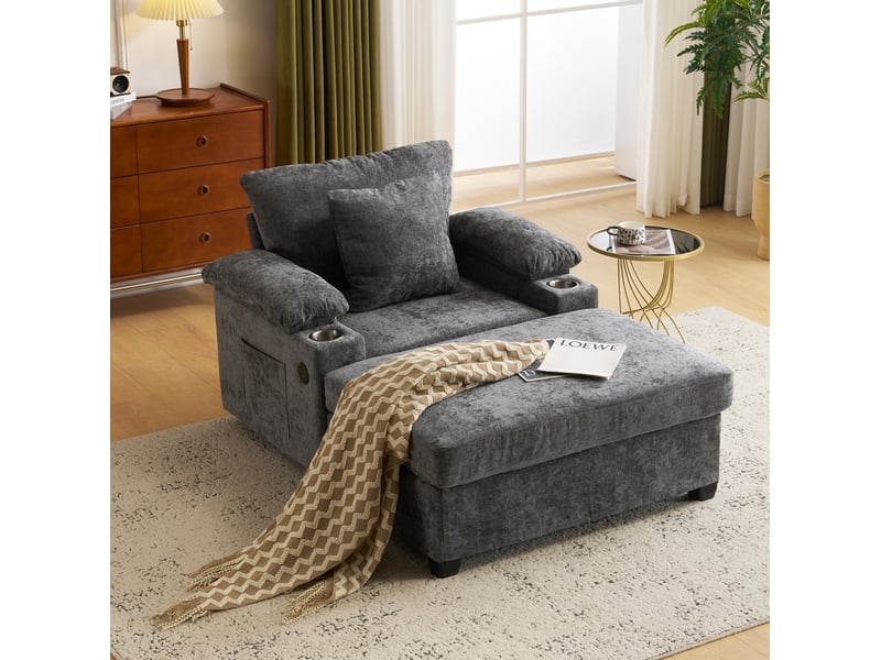  Fauteuil relax modenvie convertible 98 x 148 x 83 cm en chenille gris foncé avec usb et rangement  - Conforama E