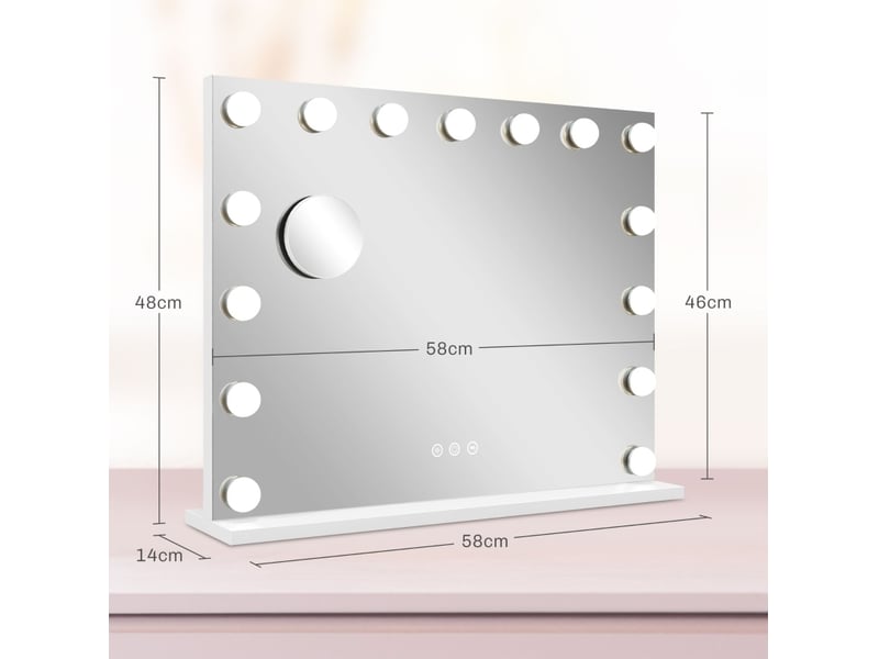 Miroir lumineux de salle de bain à 15 lampes led, 3 modes, variateur tactile, usb, métal blanc 58 × 14 × 48 cm - Conforama E
