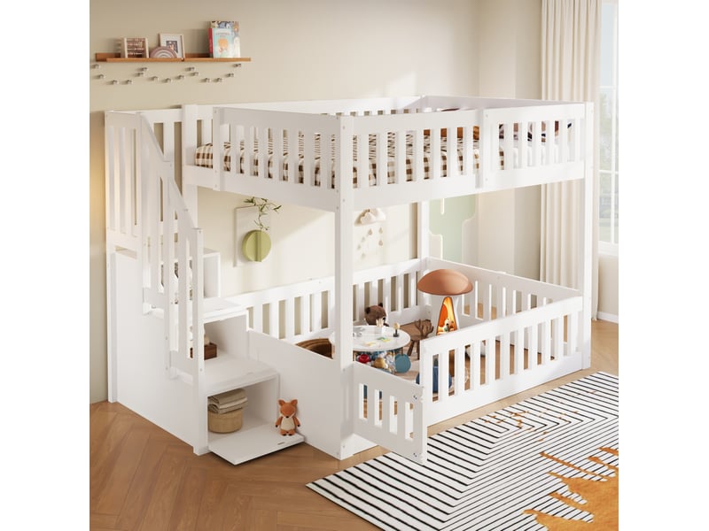 Lit superposé 140x200 cm blanc avec escalier de rangement - Conforama B