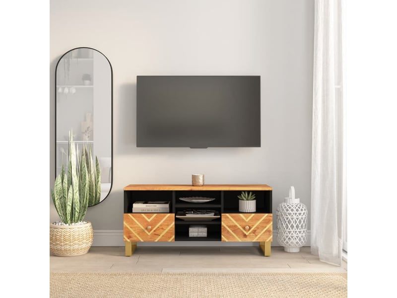  Meuble tv - banc tv - meuble de rangement marron et noir 100x33,5x46 cm bois massif de manguier  - Conforama B