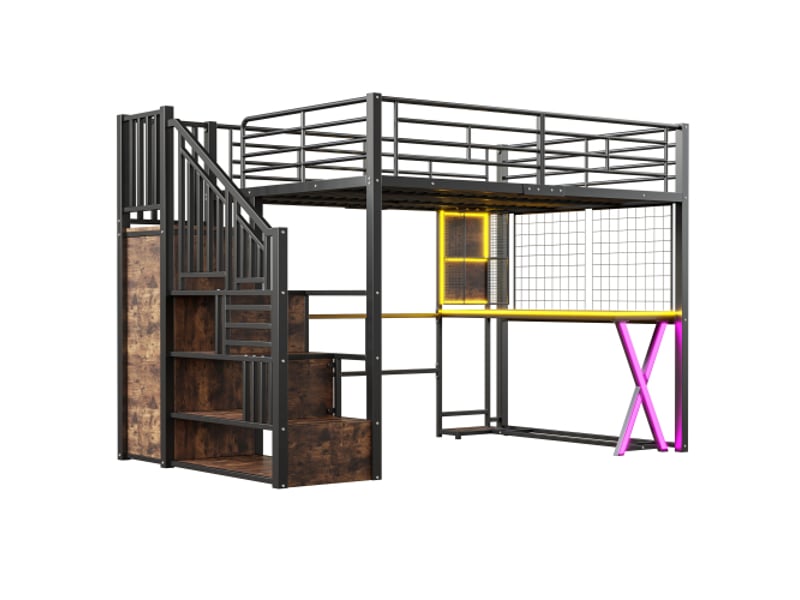  Lit mezzanine noir 140x200 avec bureau intégré, armoire, étagères, échelle de rangement et led – sans matelas  - Conforama A
