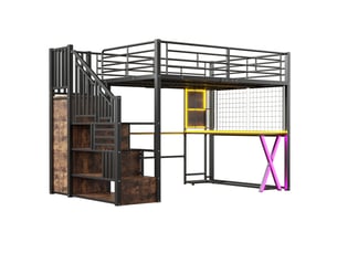 Lit mezzanine noir 140x200 avec bureau intégré, armoire, étagères, échelle de rangement et led – sans matelas