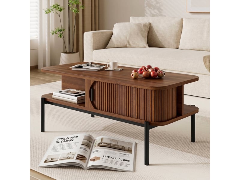 Table basse rectangulaire moderne avec rangement portes coulissantes pieds en métal noir noyer - Conforama D