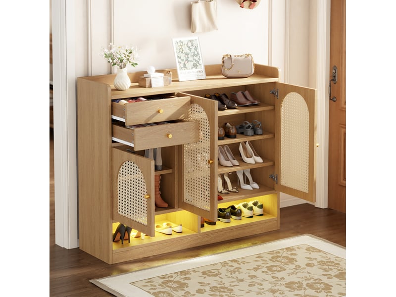  Meuble à chaussures 120x35x100 cm – naturel – 3 portes en cannage, 2 tiroirs, led et rangement ouvert  - Conforama D