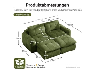 Canapé modulable sans structure 2 places , chenille vert, capitonnage quadrillé, mousse 32d, avec 2 ottomans, sans montage