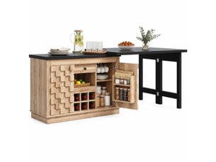Desserte de cuisine avec 2 portes, tiroir, casier à vin amovible, plateau pivotant en mdf, 120 à 197×40×74,2 cm