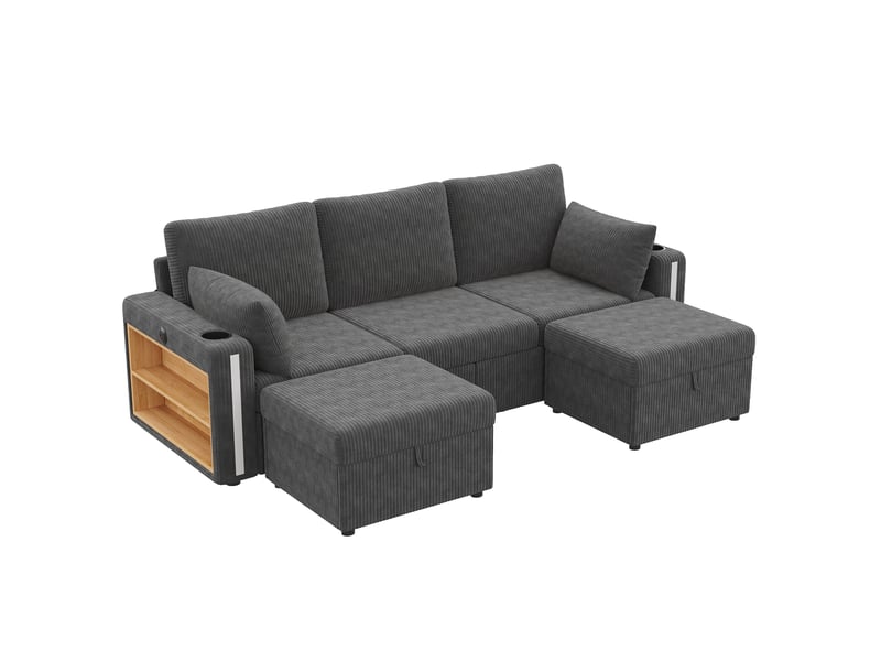 Canapé d'angle modulable en u et l 5 places, tissu velours côtelé gris avec poufs de rangement, éclairage led & ports usb pour grand salon. - Conforama A