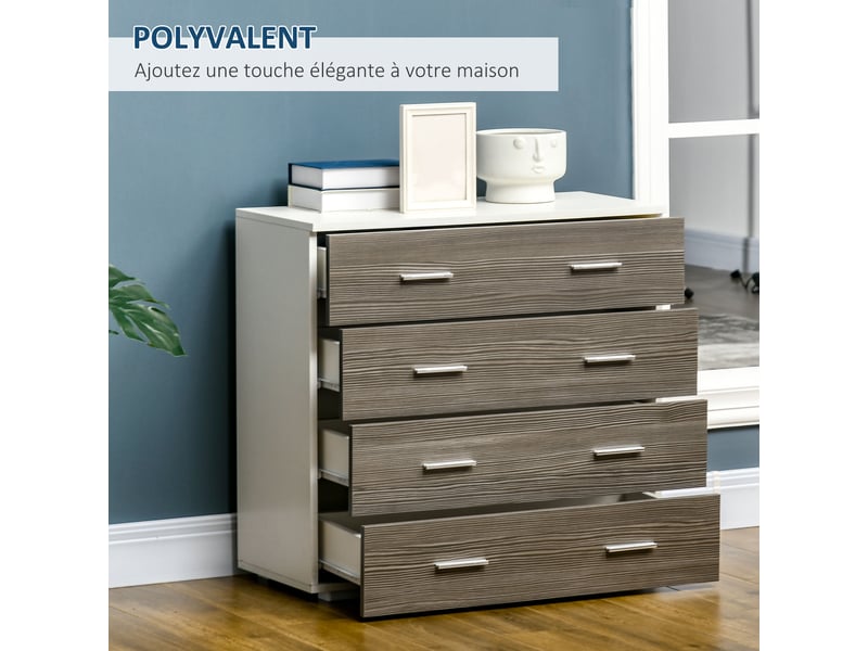  Commode meuble de rangement contemporain style 4 tiroirs 76 x 35 x 72 cm blanc et gris  - Conforama E