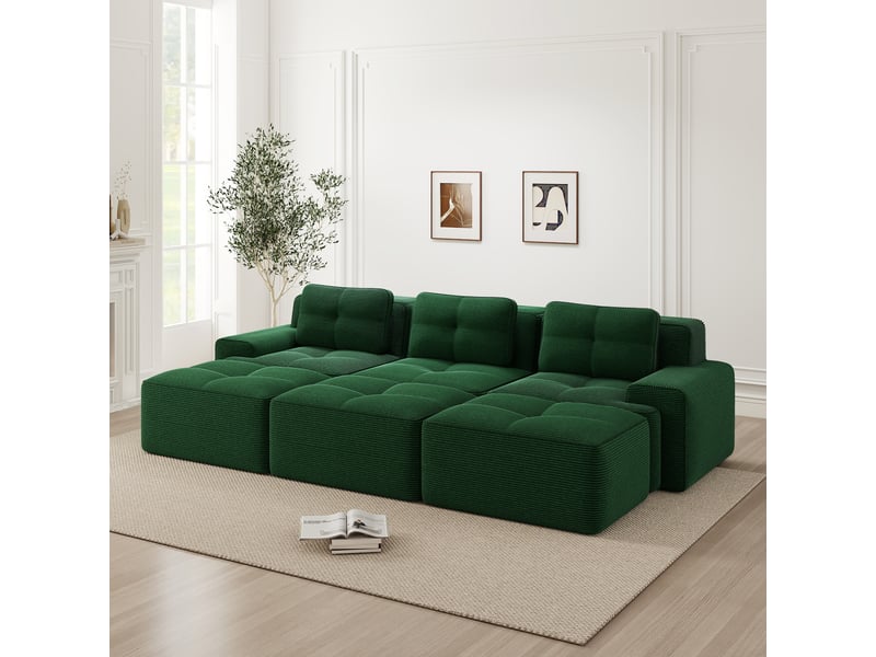  Canapé d'angle convertible 3 places avec 3 hockers, tissu velours côtelé vert, design moderne sans pieds pour salon  - Conforama B