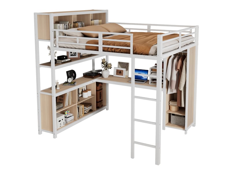  Lit mezzanine enfant 140x200 cm avec bureau, rangement 2 niveauxet armoire, échelle, métal et bois, blanc sans matelas  - Conforama A