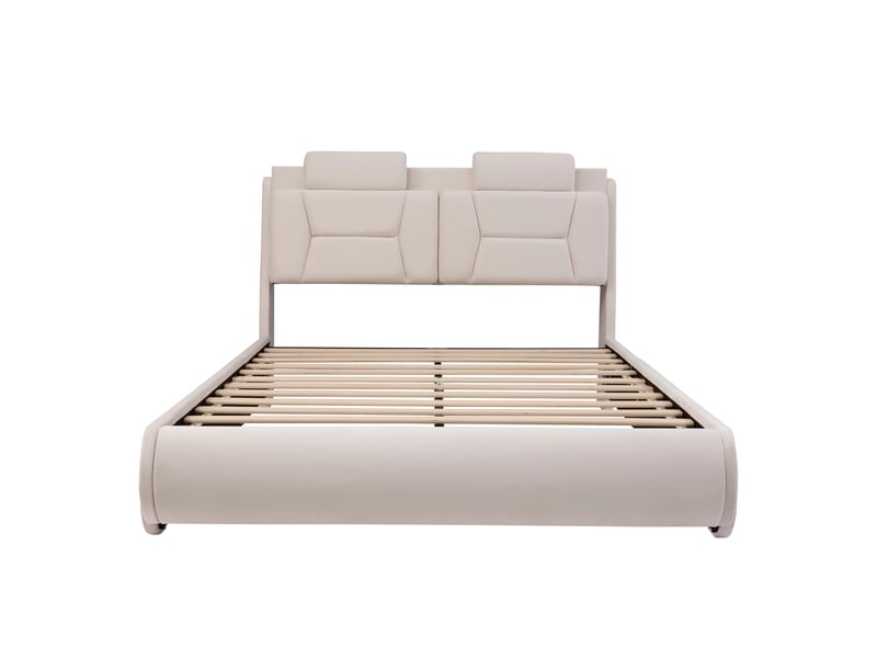  Lit voiture enfant rembourré blanc crème 140 x 200 cm, tête réglable, roues led  - Conforama A